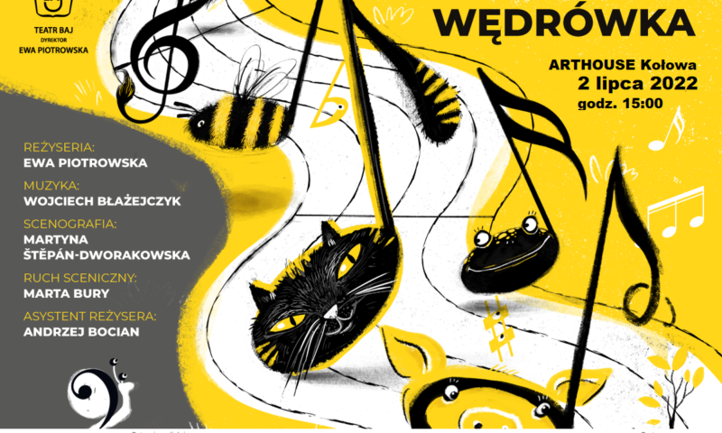 Plakat. Tekst: Danuta Wawiłow, Wędrówka, Arthouse Kołowa, 2 lipca, godz. 15:00. Na plakacie widać żółte tło i pięciolinię przypominającą wijącą się drogę. Idą nią zwierzątka w kształtach nutek