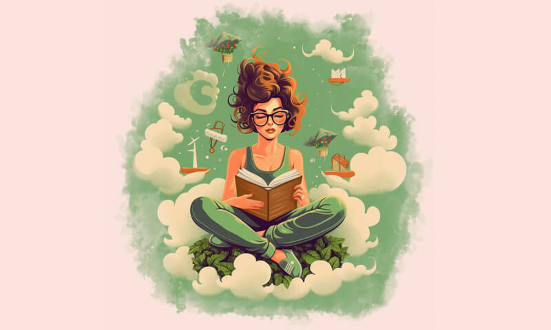 Rysunek: kobieta na zielonym tle siedzi "po turecku" i czyta książkę